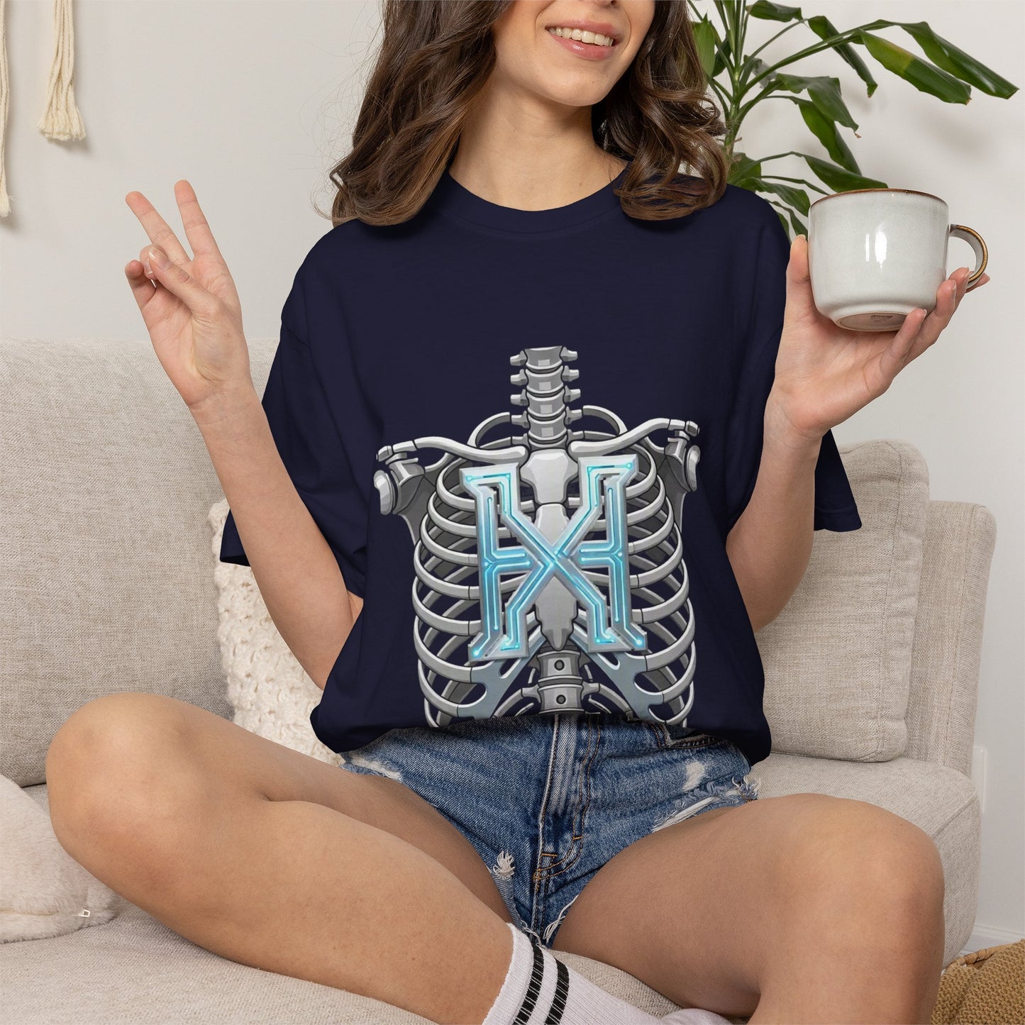 Hypug Xenon Skeleton Ribcage & Robotic X T-Shirt — Futuristic Tech Anatomy Tee