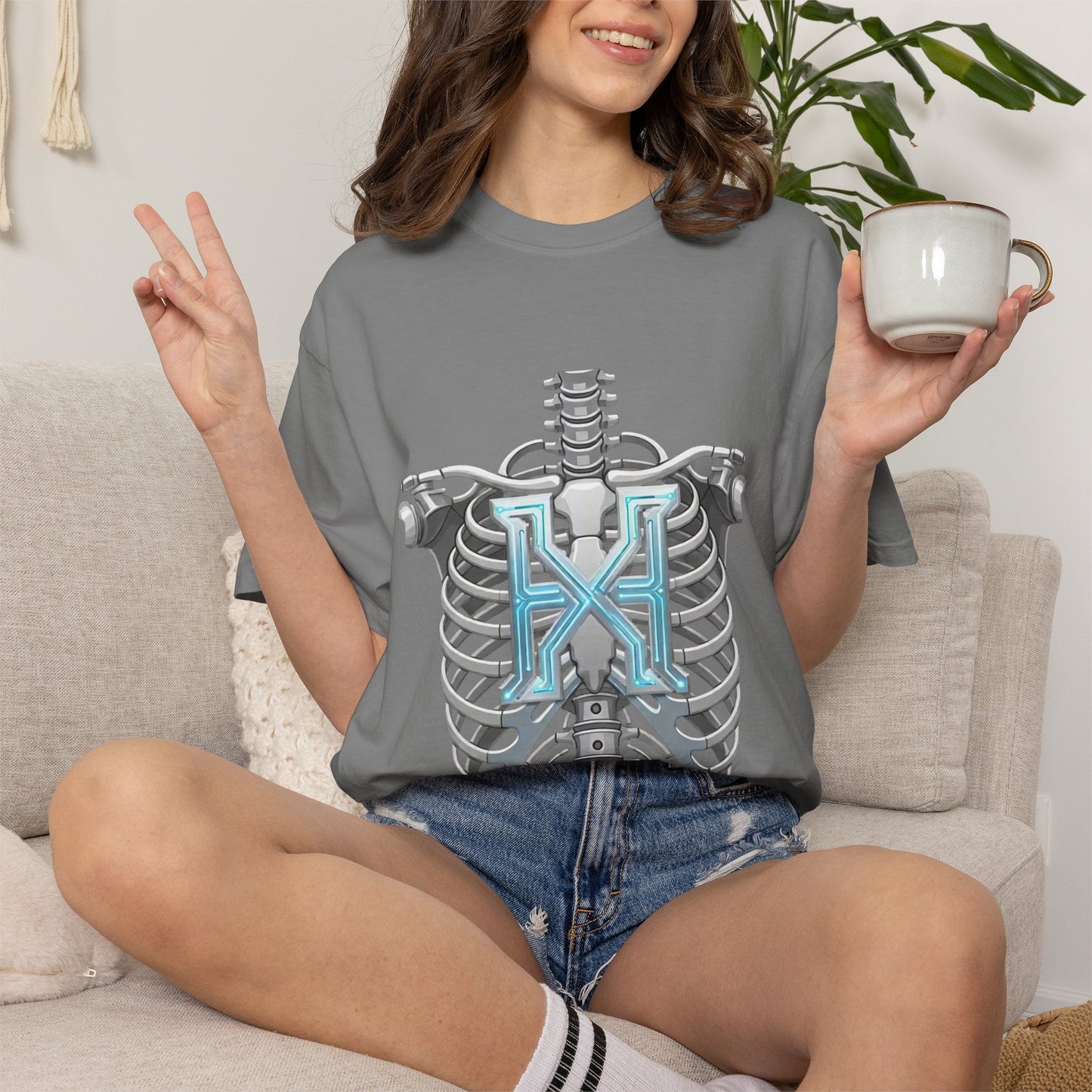 Hypug Xenon Skeleton Ribcage & Robotic X T-Shirt — Futuristic Tech Anatomy Tee