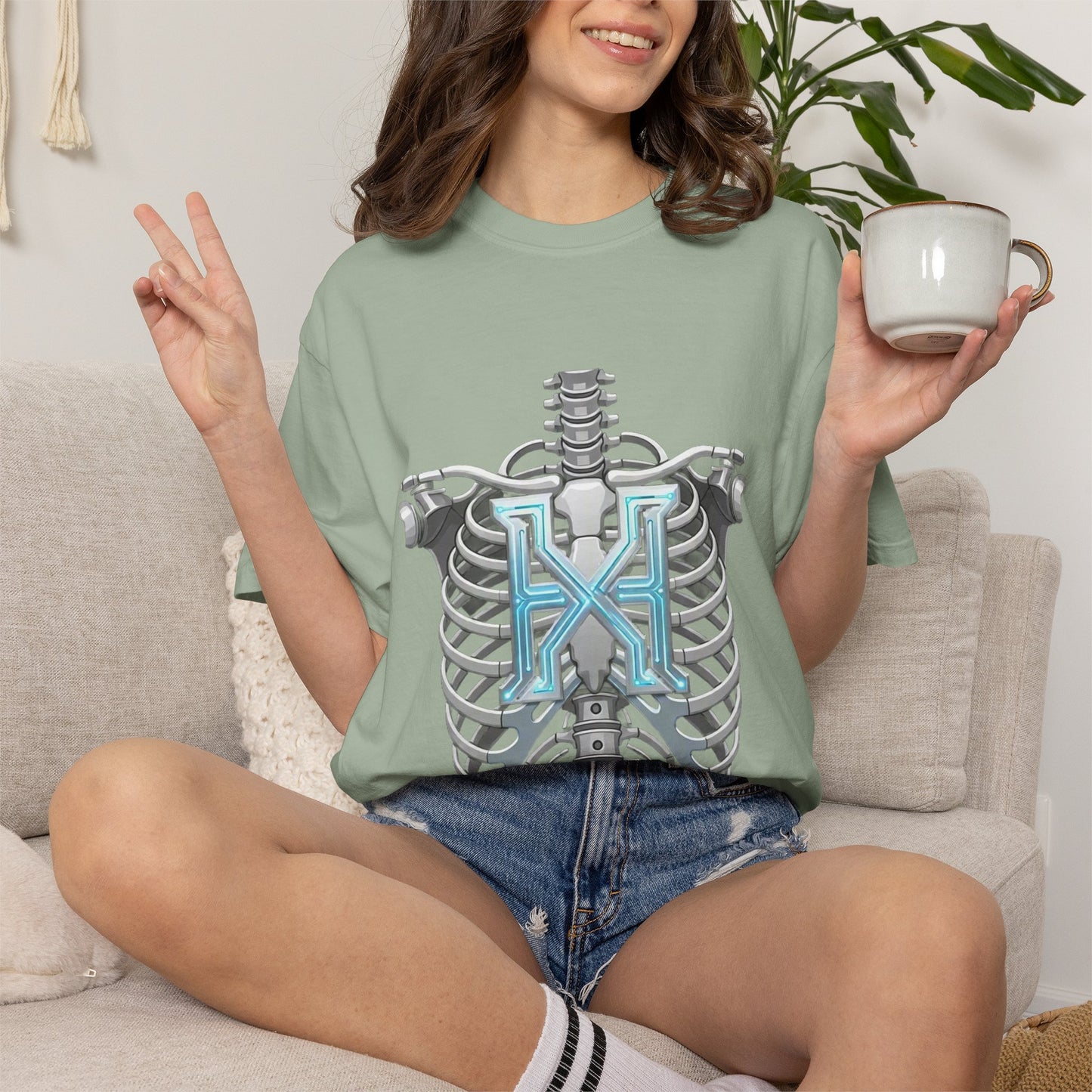 Hypug Xenon Skeleton Ribcage & Robotic X T-Shirt — Futuristic Tech Anatomy Tee