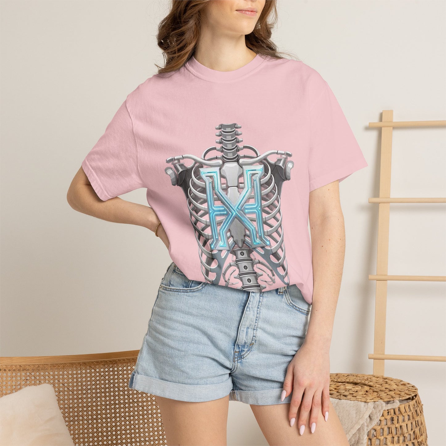 Hypug Xenon Skeleton Ribcage & Robotic X T-Shirt — Futuristic Tech Anatomy Tee