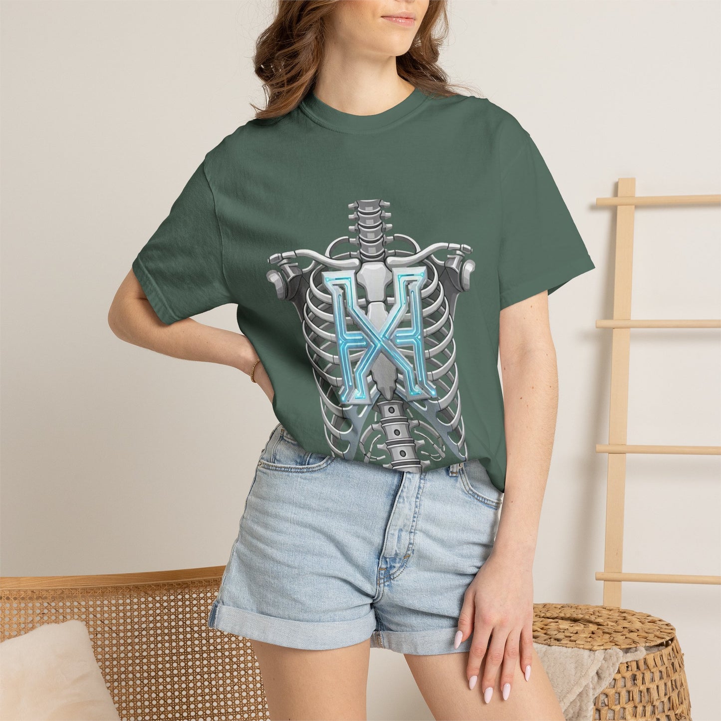 Hypug Xenon Skeleton Ribcage & Robotic X T-Shirt — Futuristic Tech Anatomy Tee