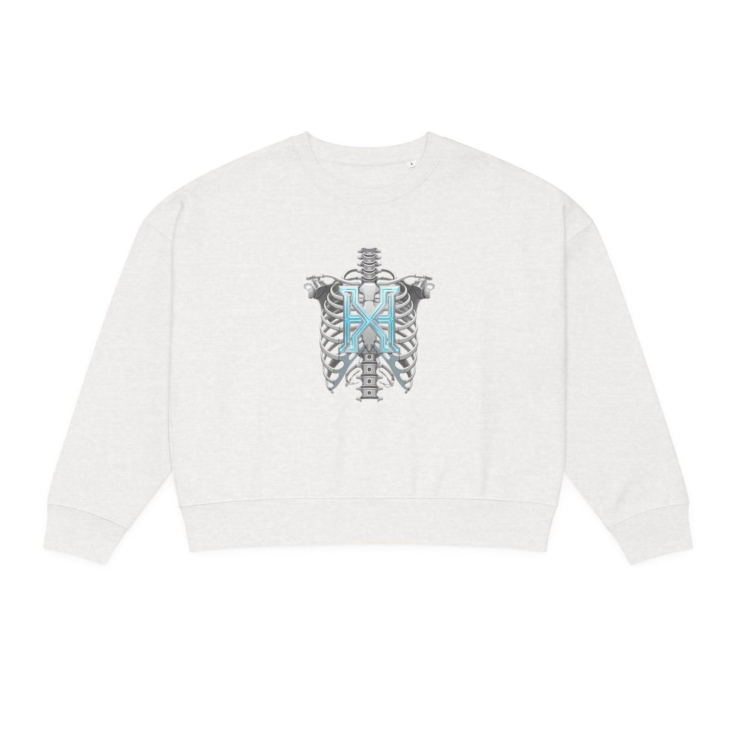 Hypug Xenon Women's Organic Crewneck Sweatshirt — Anatomical Ribcage & Mechanical Hand Graphic