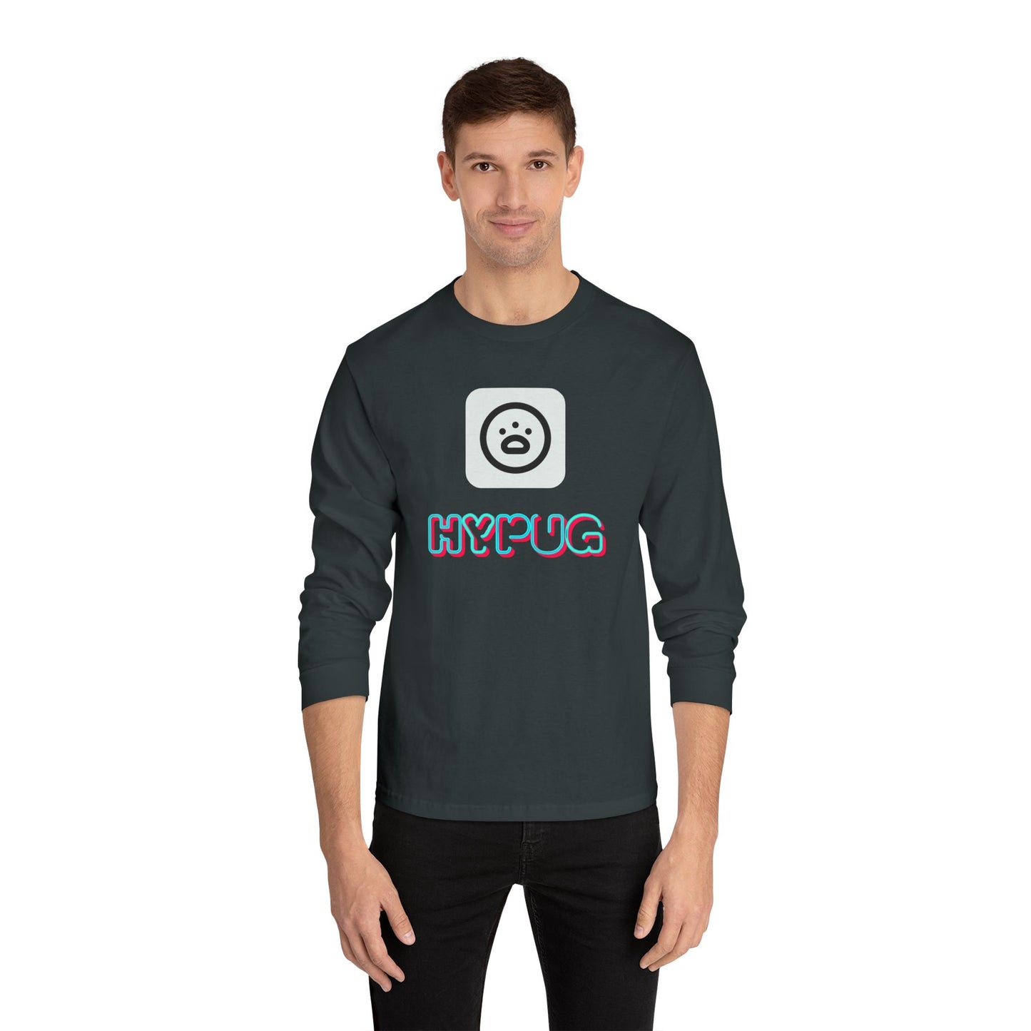 Big Dog Graphic Long Sleeve Tee — 'HYPUG' Chest Logo, Boxer Dog Back Print