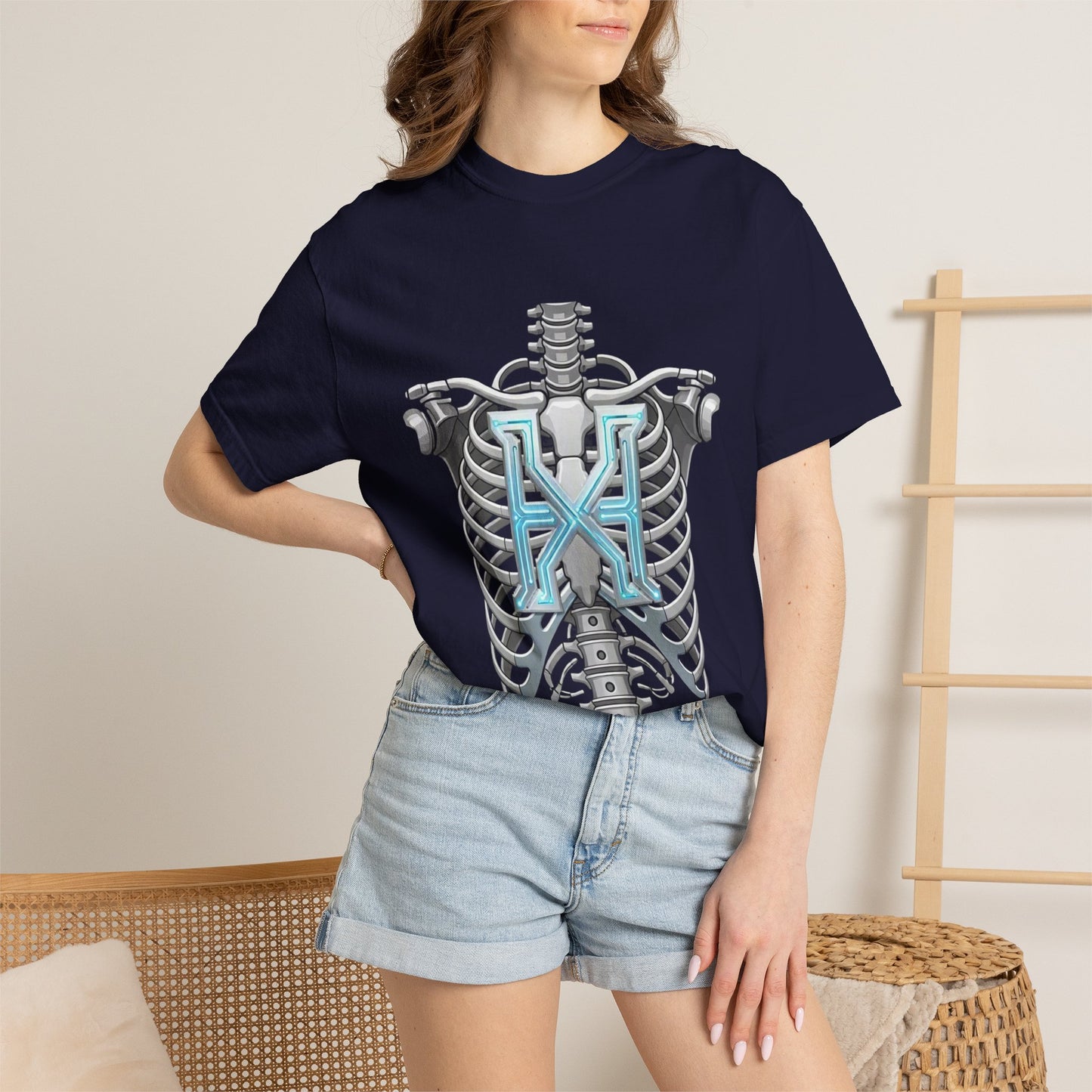 Hypug Xenon Skeleton Ribcage & Robotic X T-Shirt — Futuristic Tech Anatomy Tee