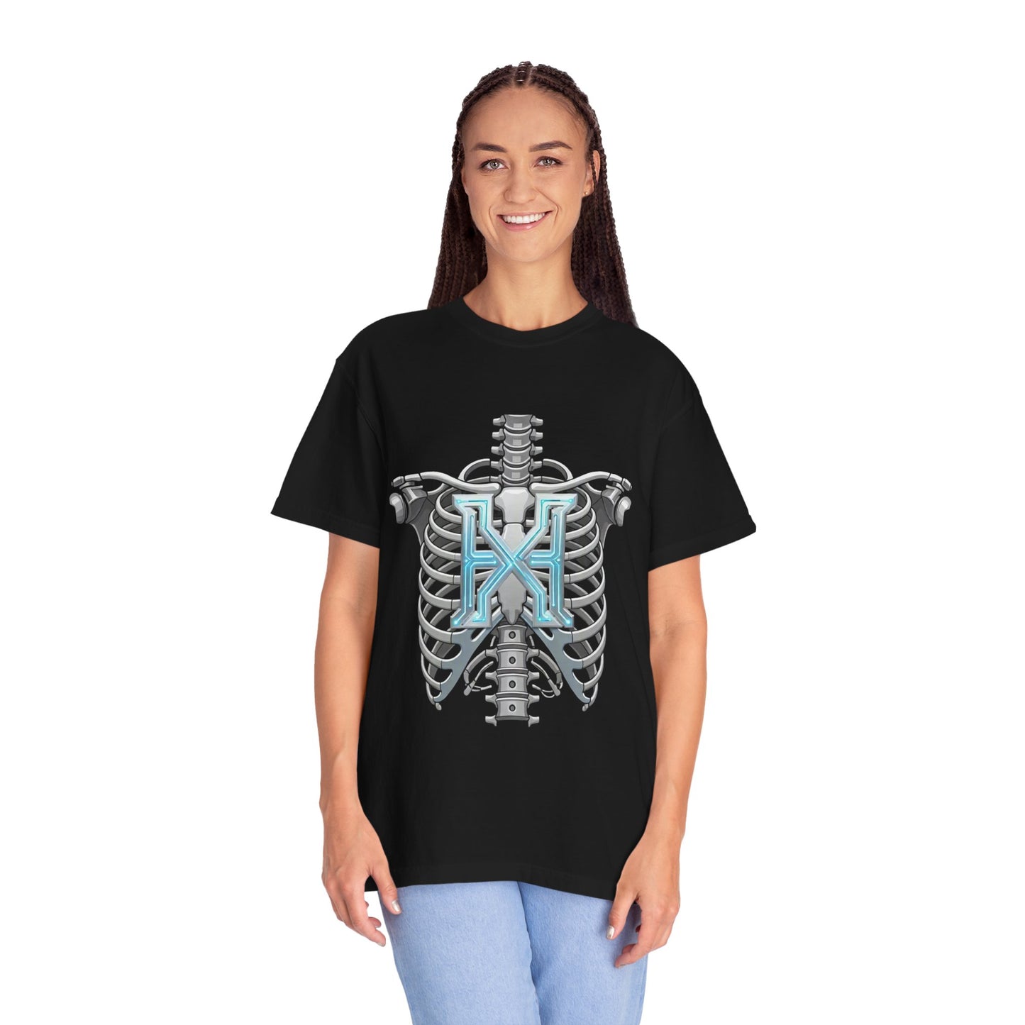 Hypug Xenon Skeleton Ribcage & Robotic X T-Shirt — Futuristic Tech Anatomy Tee