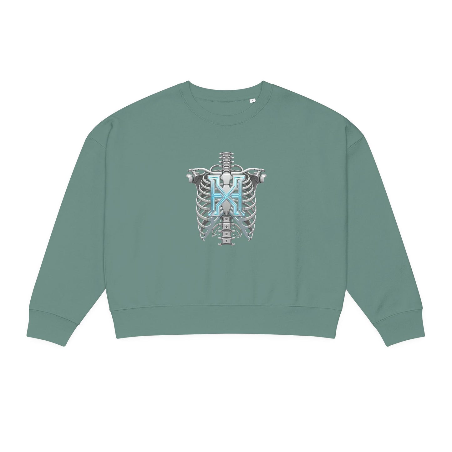 Hypug Xenon Women's Organic Crewneck Sweatshirt — Anatomical Ribcage & Mechanical Hand Graphic