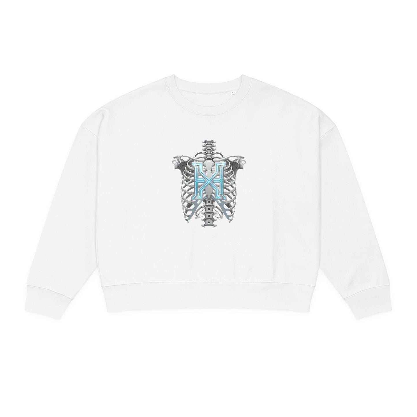 Hypug Xenon Women's Organic Crewneck Sweatshirt — Anatomical Ribcage & Mechanical Hand Graphic