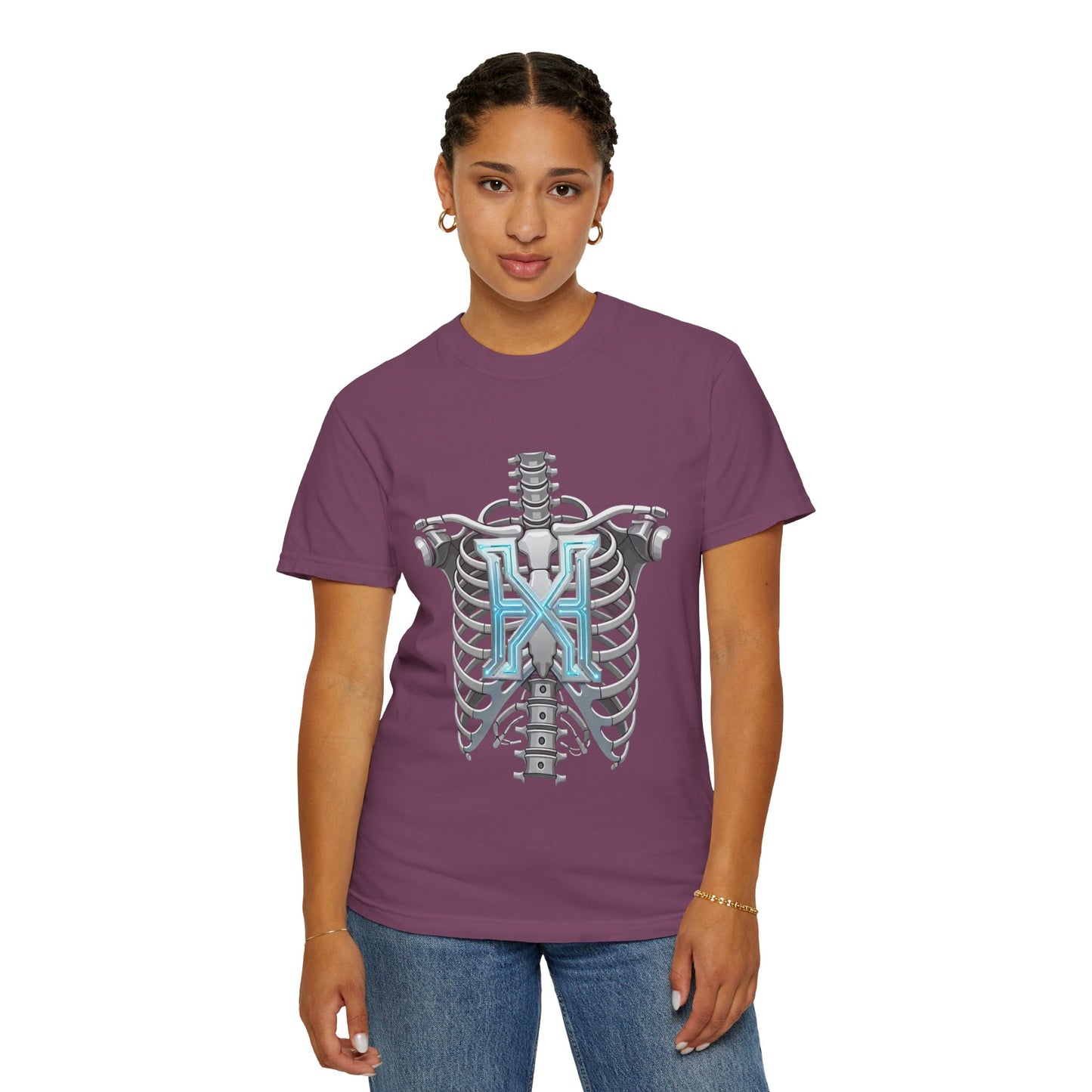 Hypug Xenon Skeleton Ribcage & Robotic X T-Shirt — Futuristic Tech Anatomy Tee