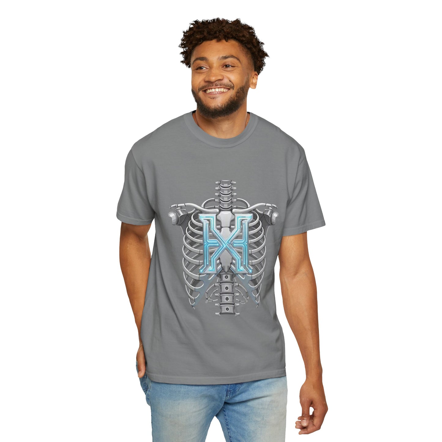 Hypug Xenon Skeleton Ribcage & Robotic X T-Shirt — Futuristic Tech Anatomy Tee