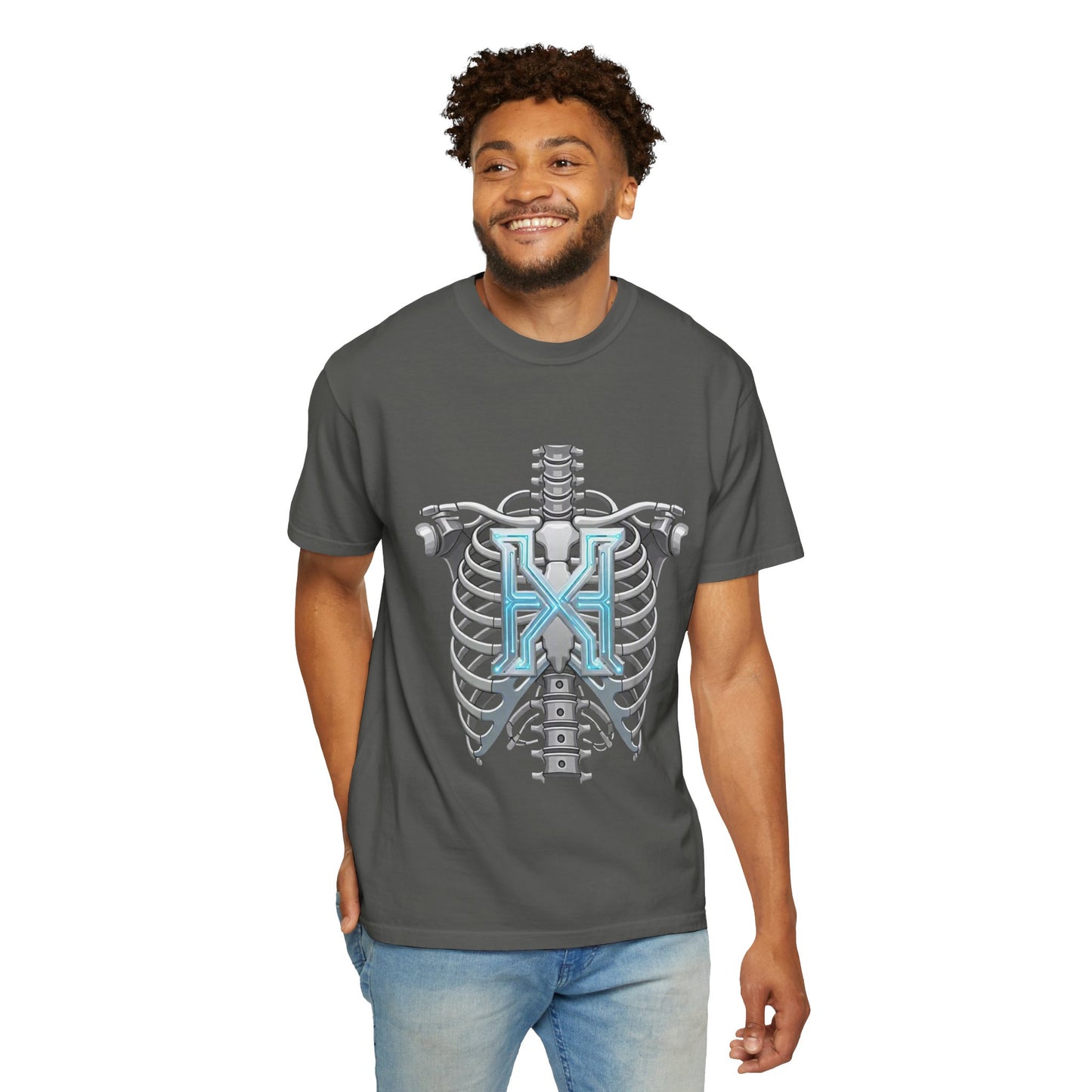 Hypug Xenon Skeleton Ribcage & Robotic X T-Shirt — Futuristic Tech Anatomy Tee