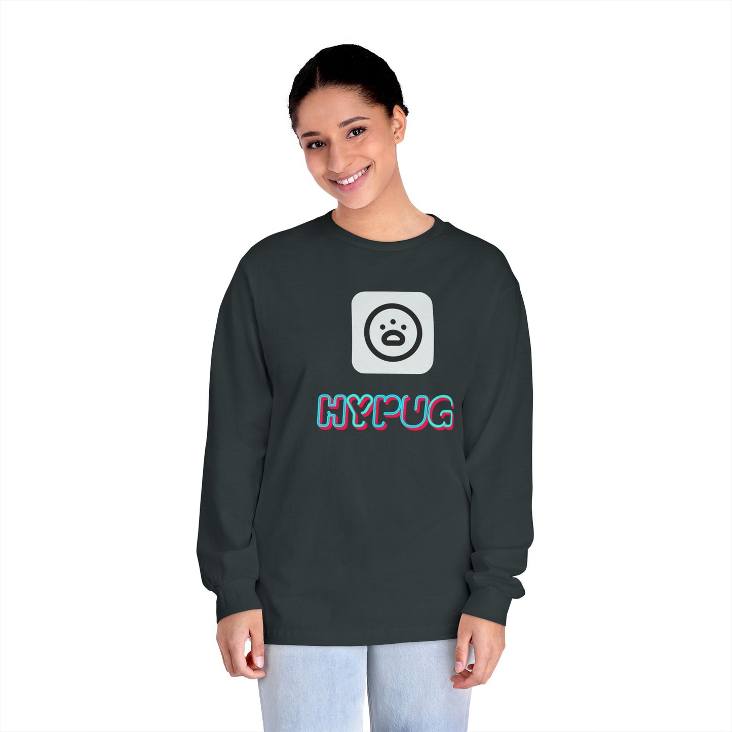 Big Dog Graphic Long Sleeve Tee — 'HYPUG' Chest Logo, Boxer Dog Back Print