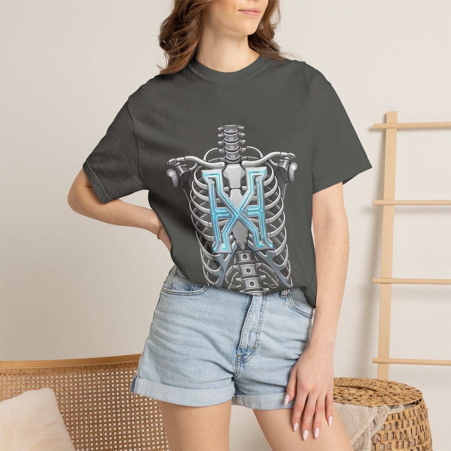 Hypug Xenon Skeleton Ribcage & Robotic X T-Shirt — Futuristic Tech Anatomy Tee
