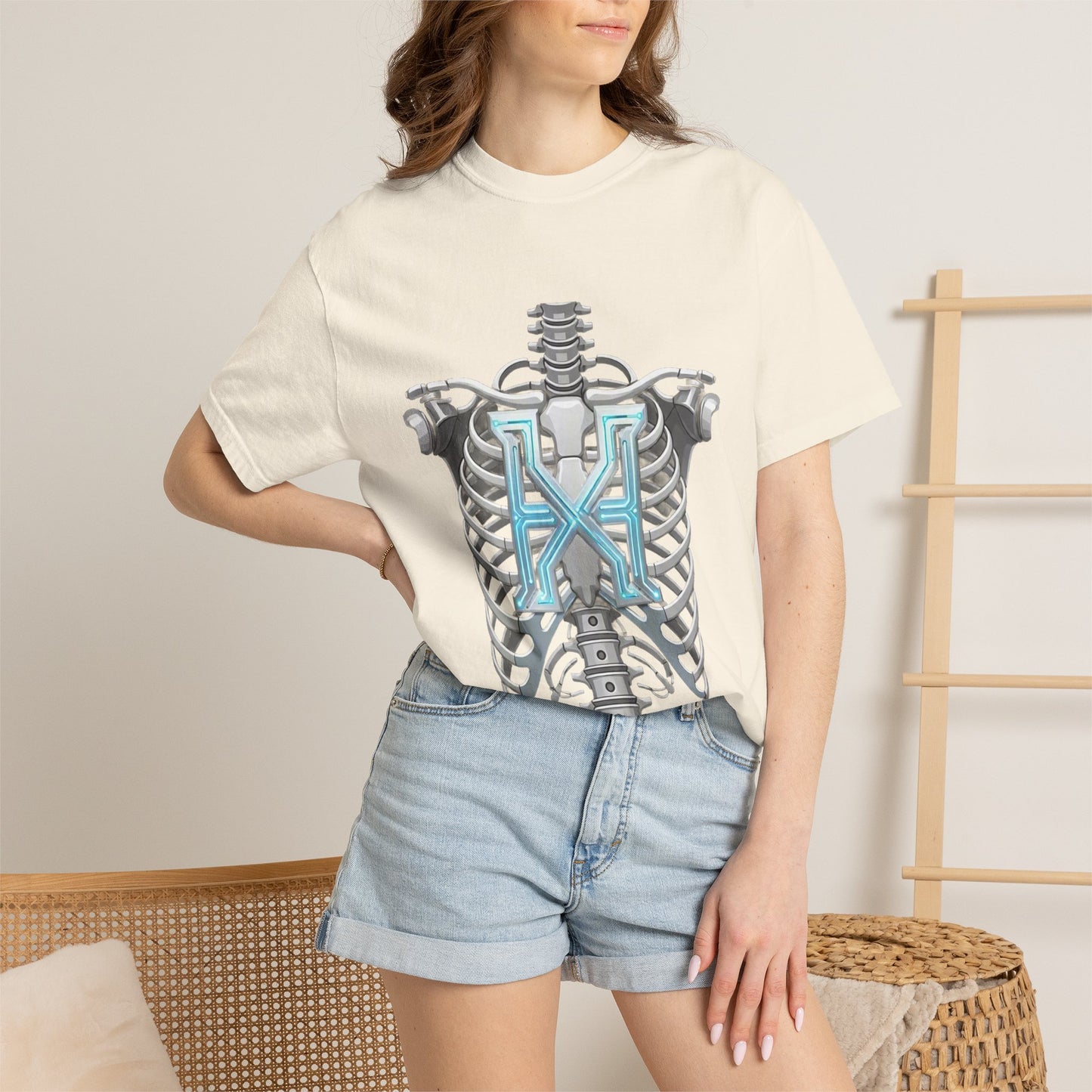 Hypug Xenon Skeleton Ribcage & Robotic X T-Shirt — Futuristic Tech Anatomy Tee