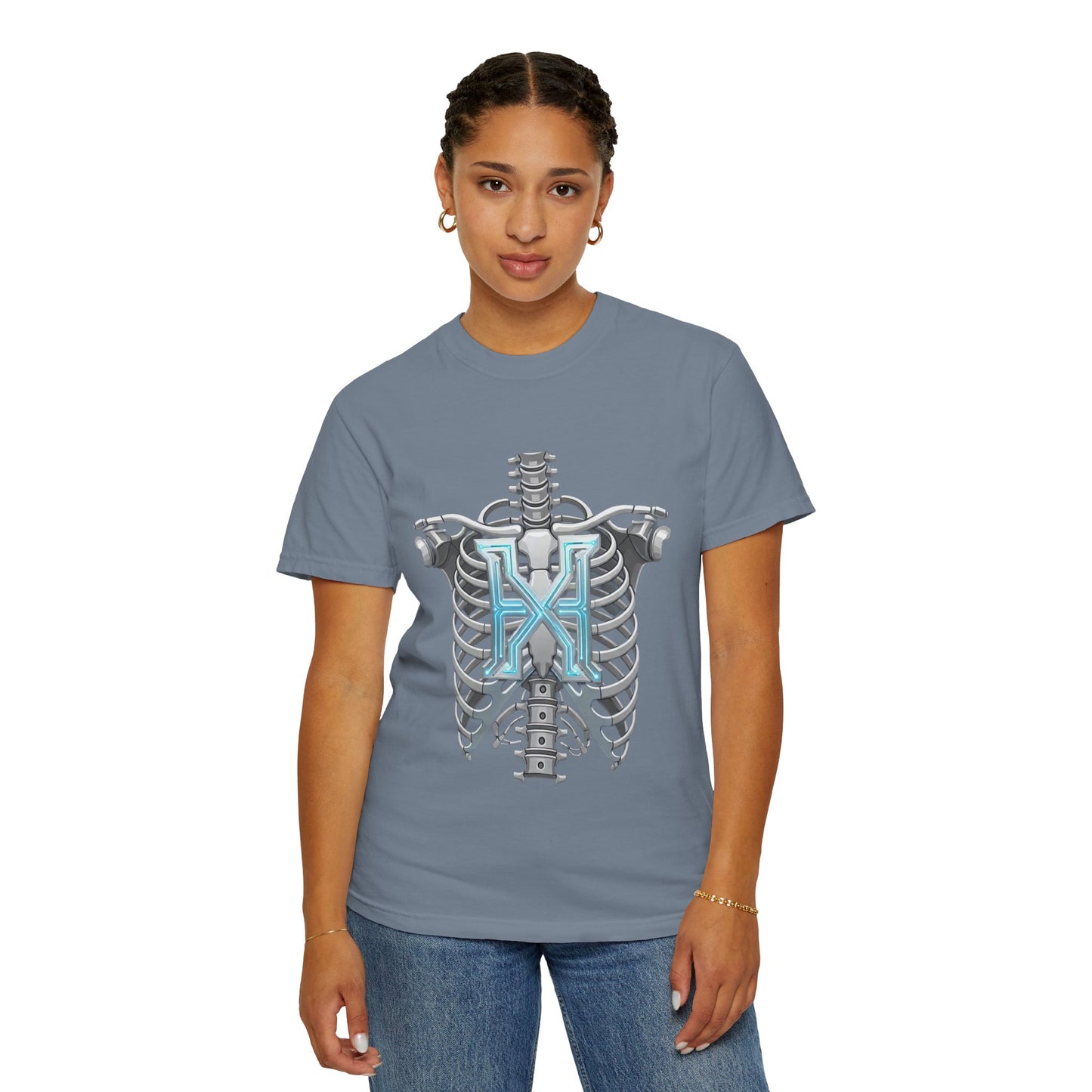 Hypug Xenon Skeleton Ribcage & Robotic X T-Shirt — Futuristic Tech Anatomy Tee