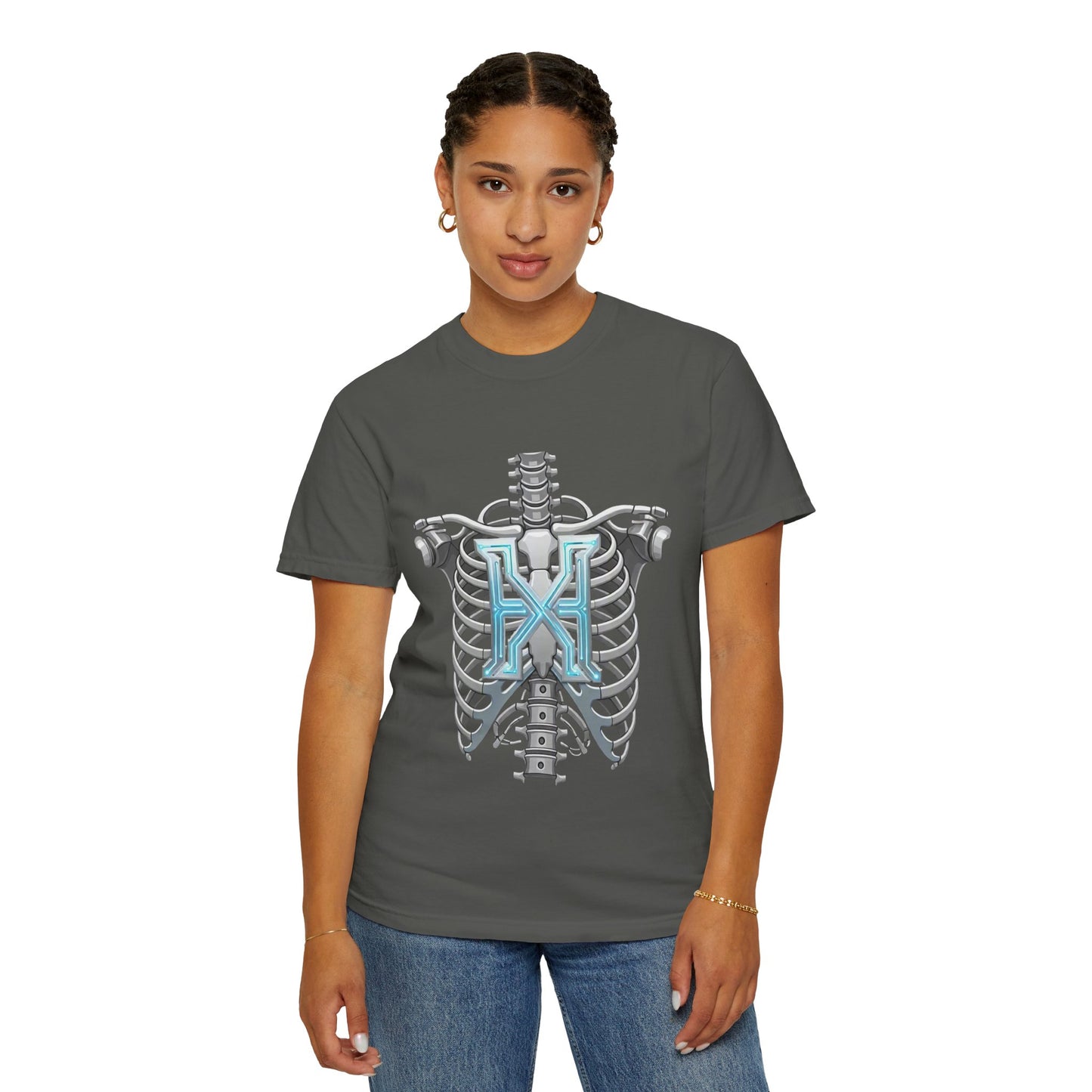 Hypug Xenon Skeleton Ribcage & Robotic X T-Shirt — Futuristic Tech Anatomy Tee