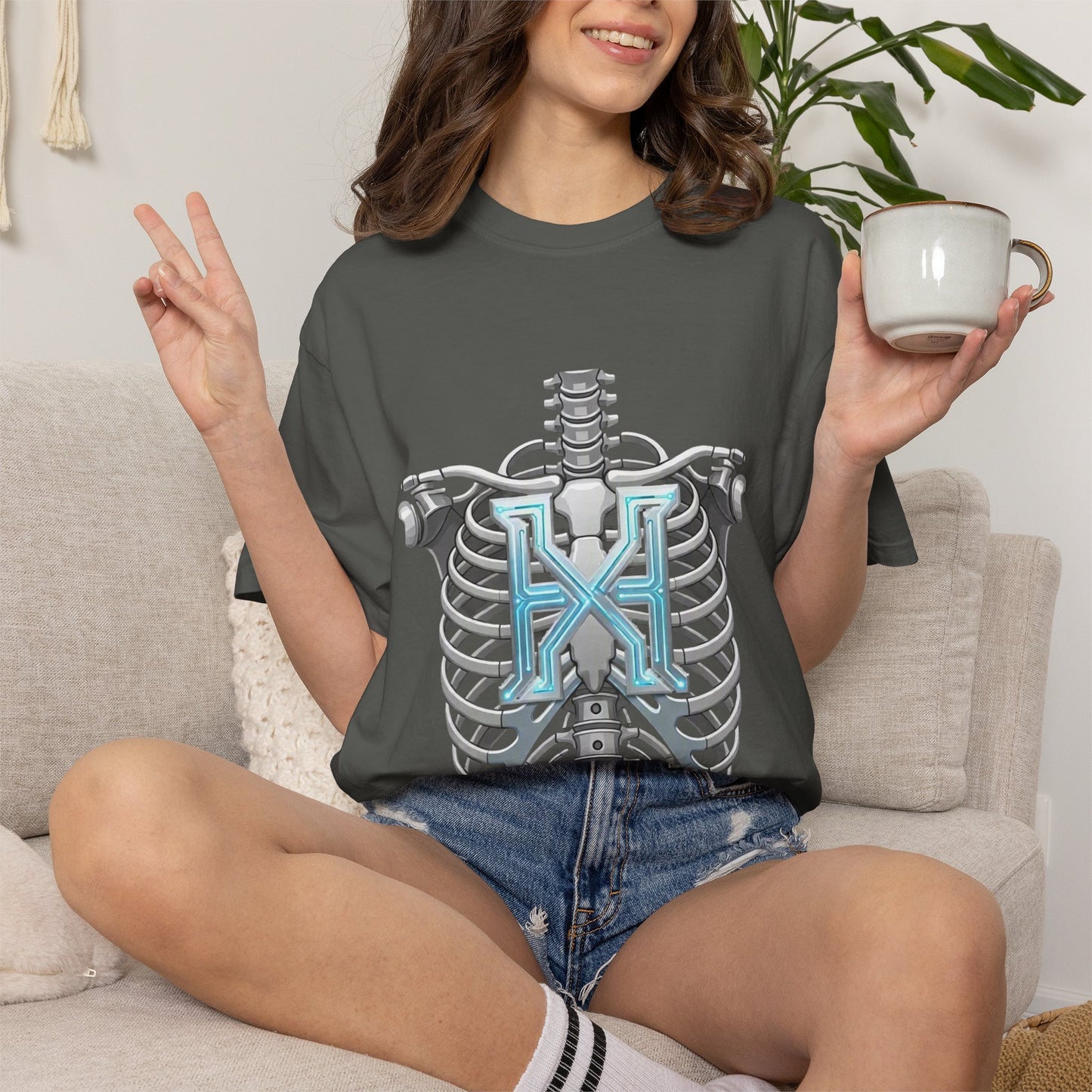 Hypug Xenon Skeleton Ribcage & Robotic X T-Shirt — Futuristic Tech Anatomy Tee
