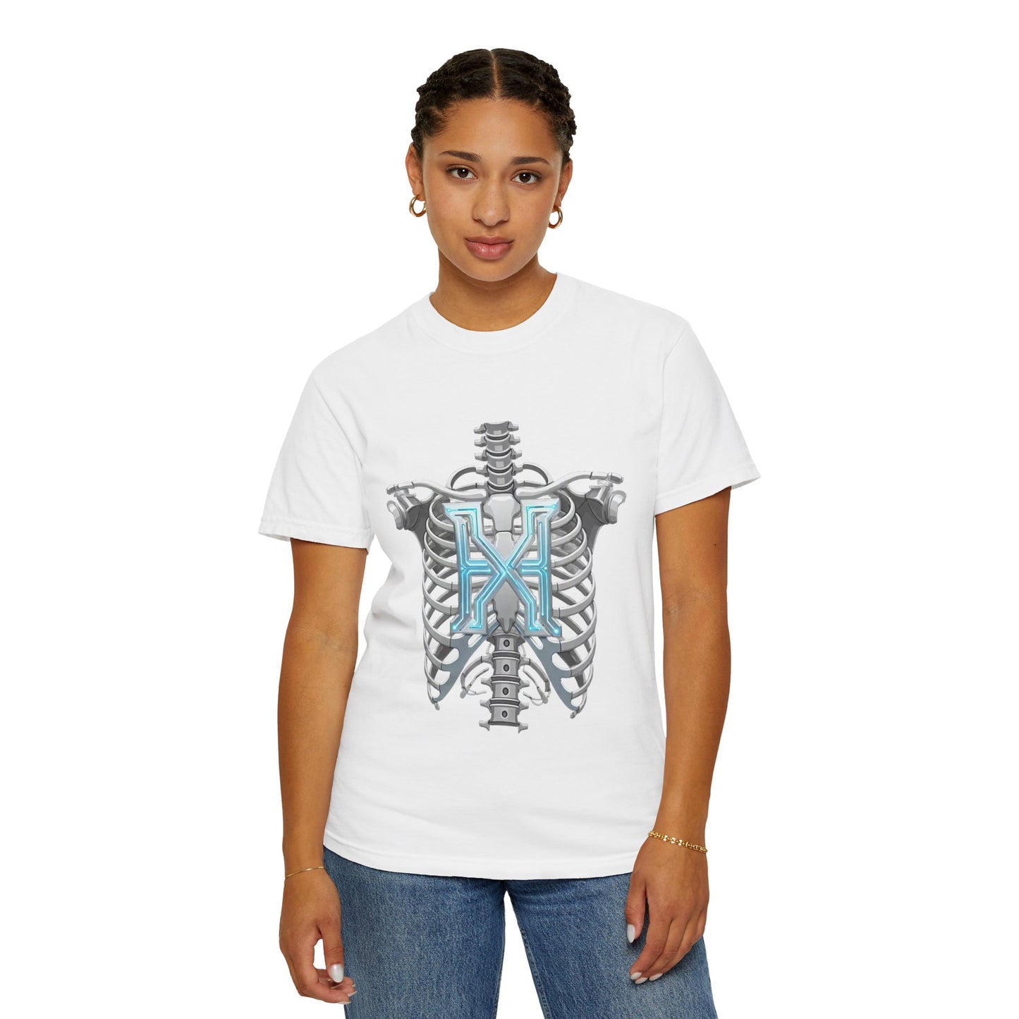 Hypug Xenon Skeleton Ribcage & Robotic X T-Shirt — Futuristic Tech Anatomy Tee