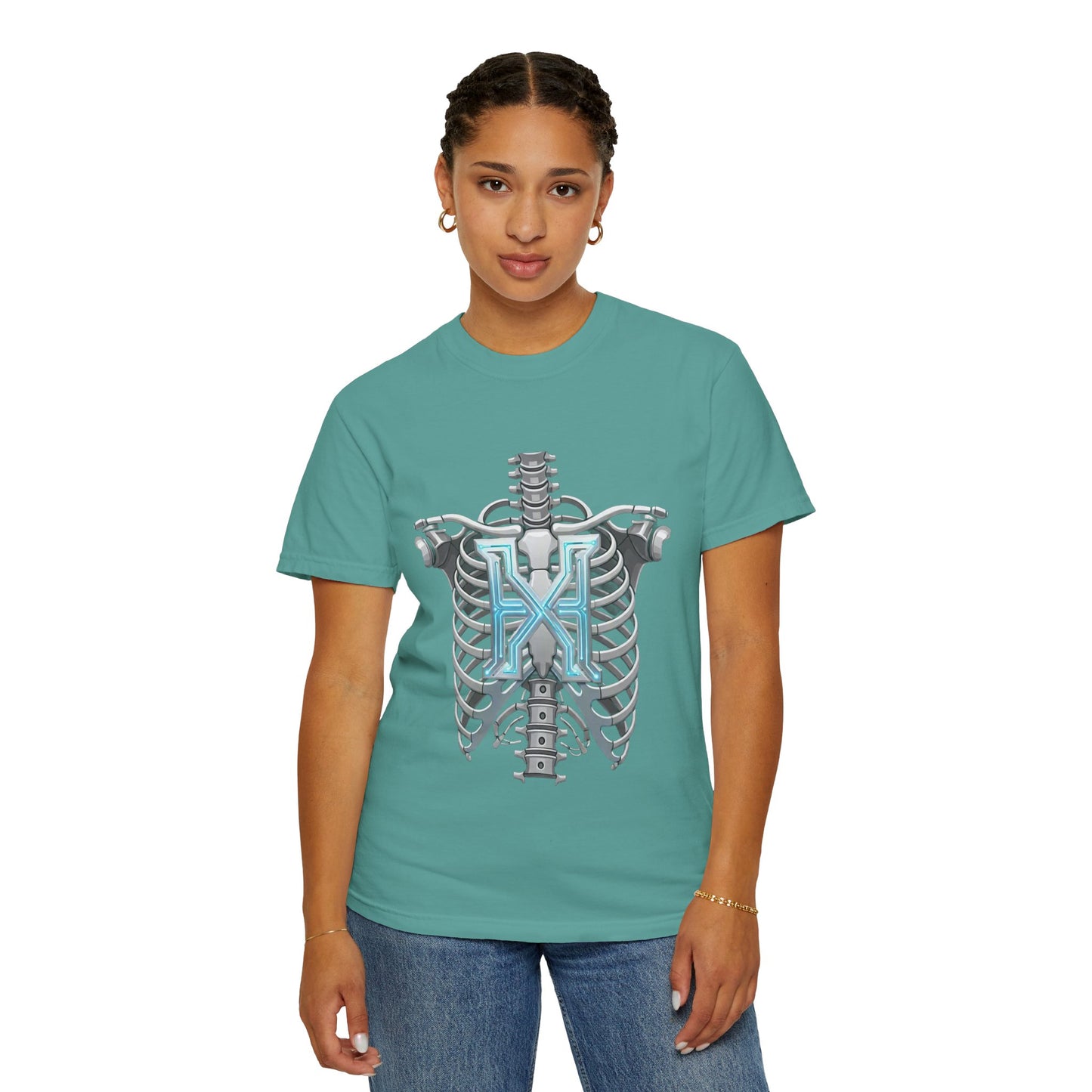 Hypug Xenon Skeleton Ribcage & Robotic X T-Shirt — Futuristic Tech Anatomy Tee
