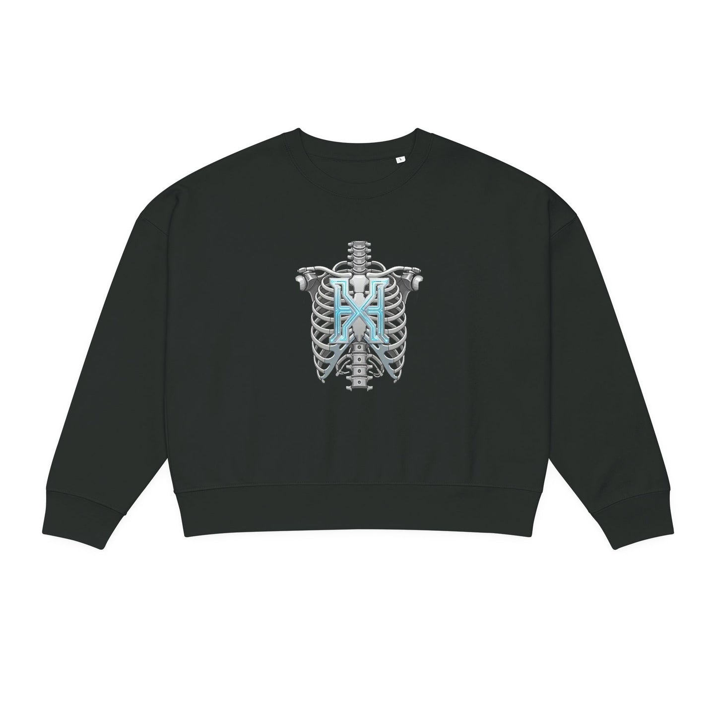 Hypug Xenon Women's Organic Crewneck Sweatshirt — Anatomical Ribcage & Mechanical Hand Graphic