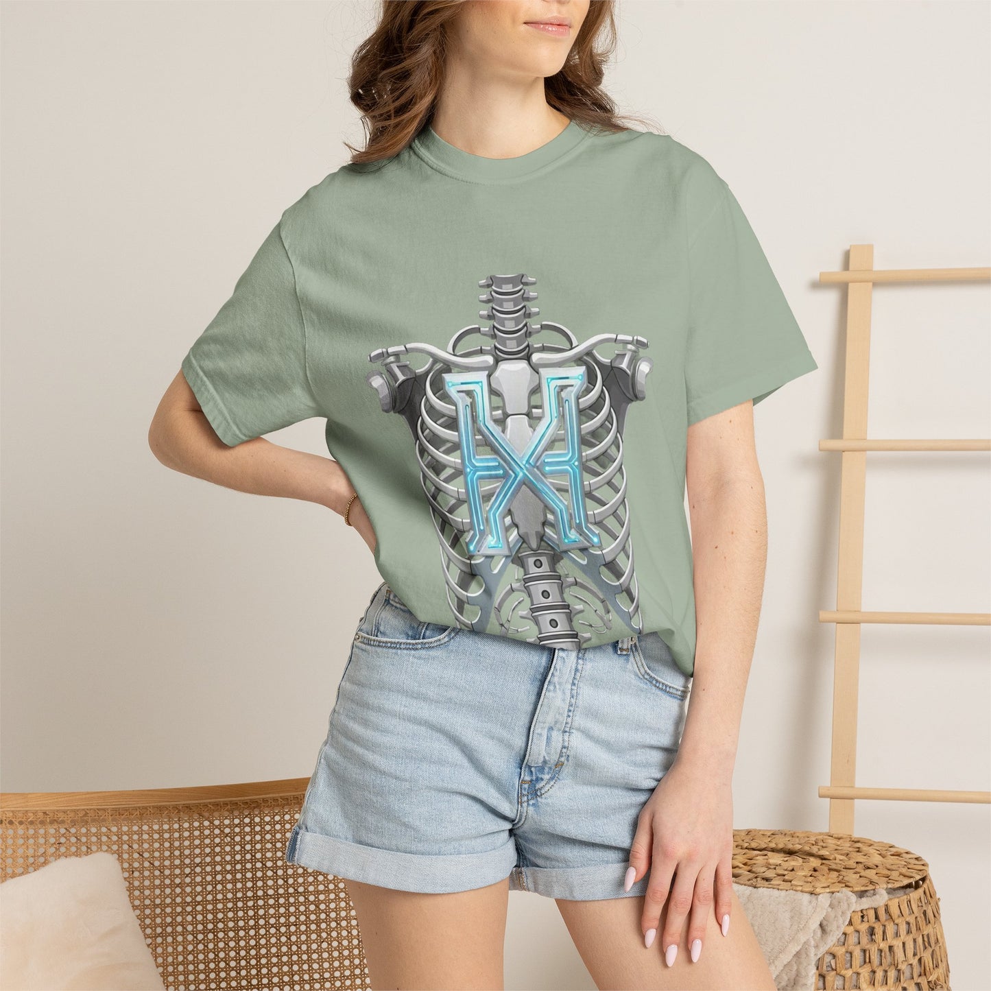 Hypug Xenon Skeleton Ribcage & Robotic X T-Shirt — Futuristic Tech Anatomy Tee