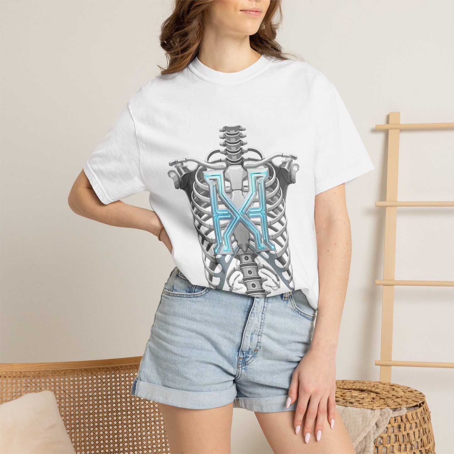 Hypug Xenon Skeleton Ribcage & Robotic X T-Shirt — Futuristic Tech Anatomy Tee