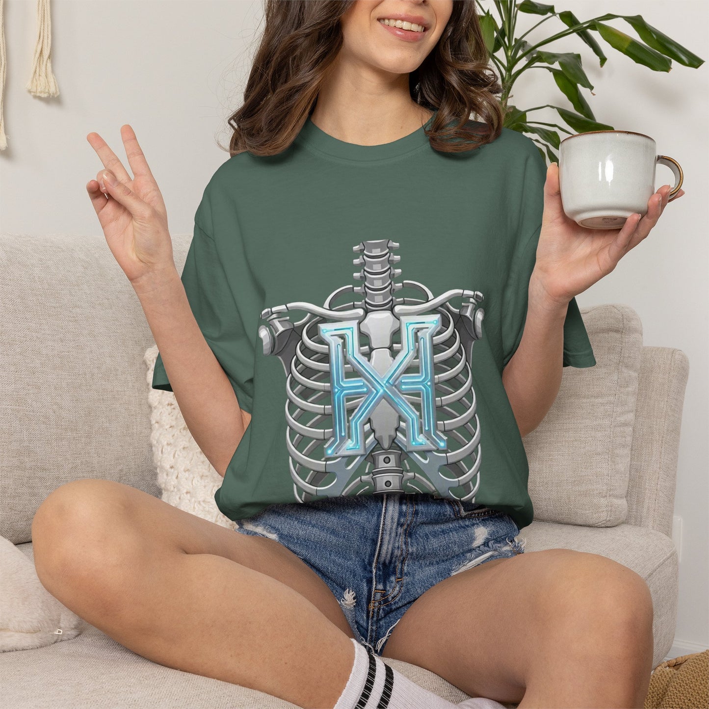 Hypug Xenon Skeleton Ribcage & Robotic X T-Shirt — Futuristic Tech Anatomy Tee
