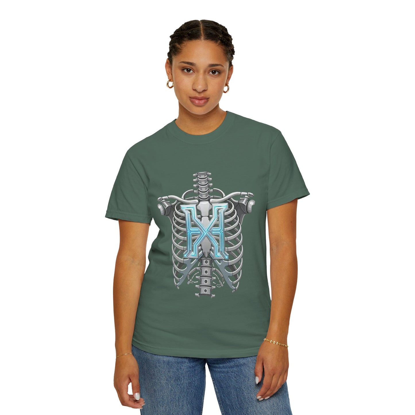Hypug Xenon Skeleton Ribcage & Robotic X T-Shirt — Futuristic Tech Anatomy Tee