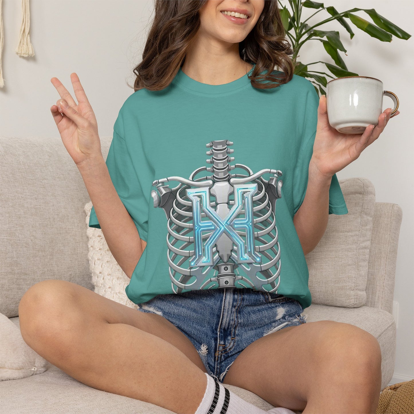 Hypug Xenon Skeleton Ribcage & Robotic X T-Shirt — Futuristic Tech Anatomy Tee