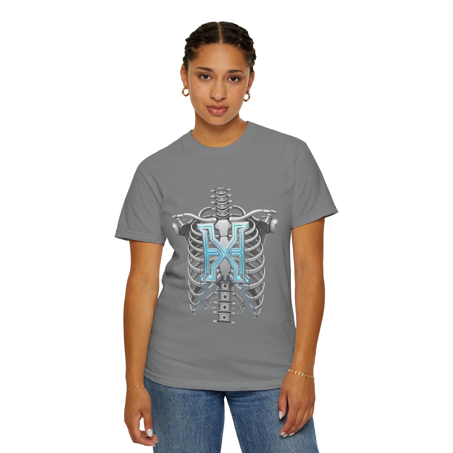 Hypug Xenon Skeleton Ribcage & Robotic X T-Shirt — Futuristic Tech Anatomy Tee