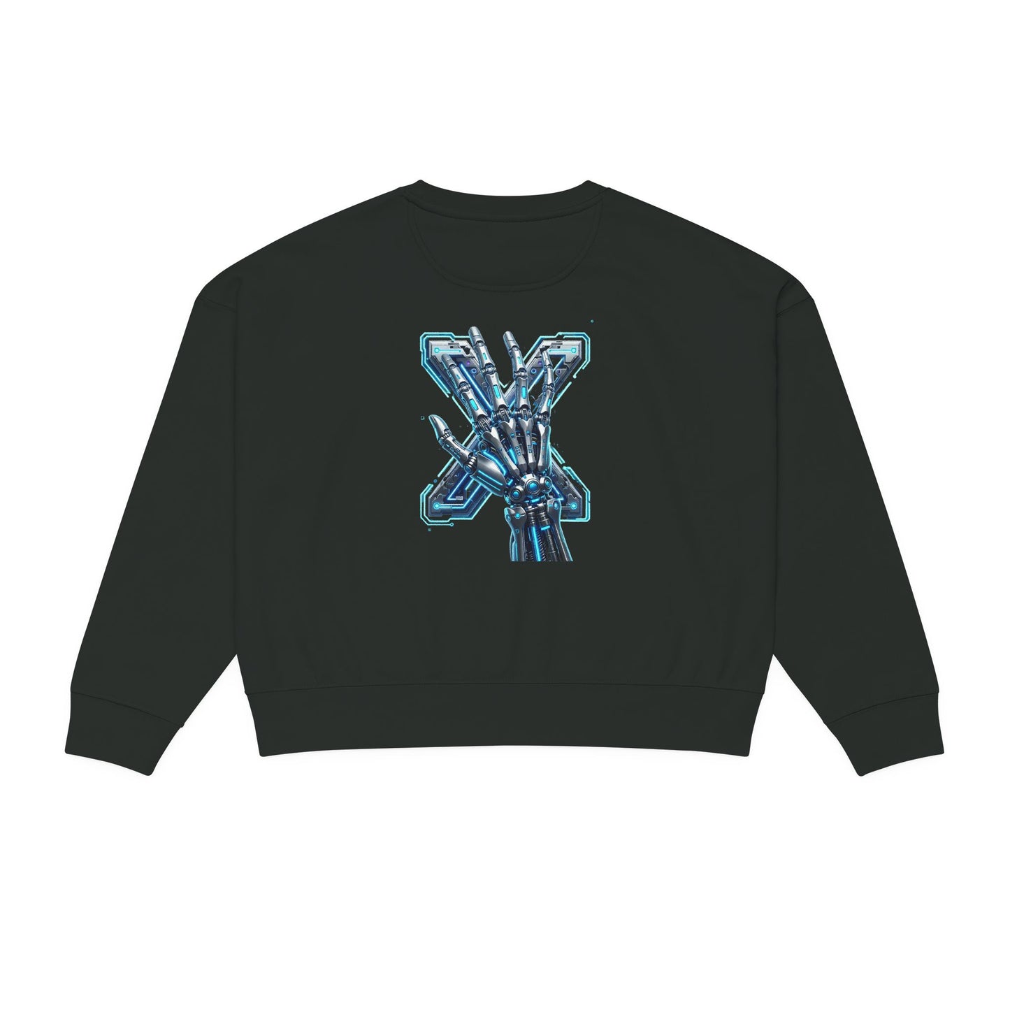 Hypug Xenon Women's Organic Crewneck Sweatshirt — Anatomical Ribcage & Mechanical Hand Graphic