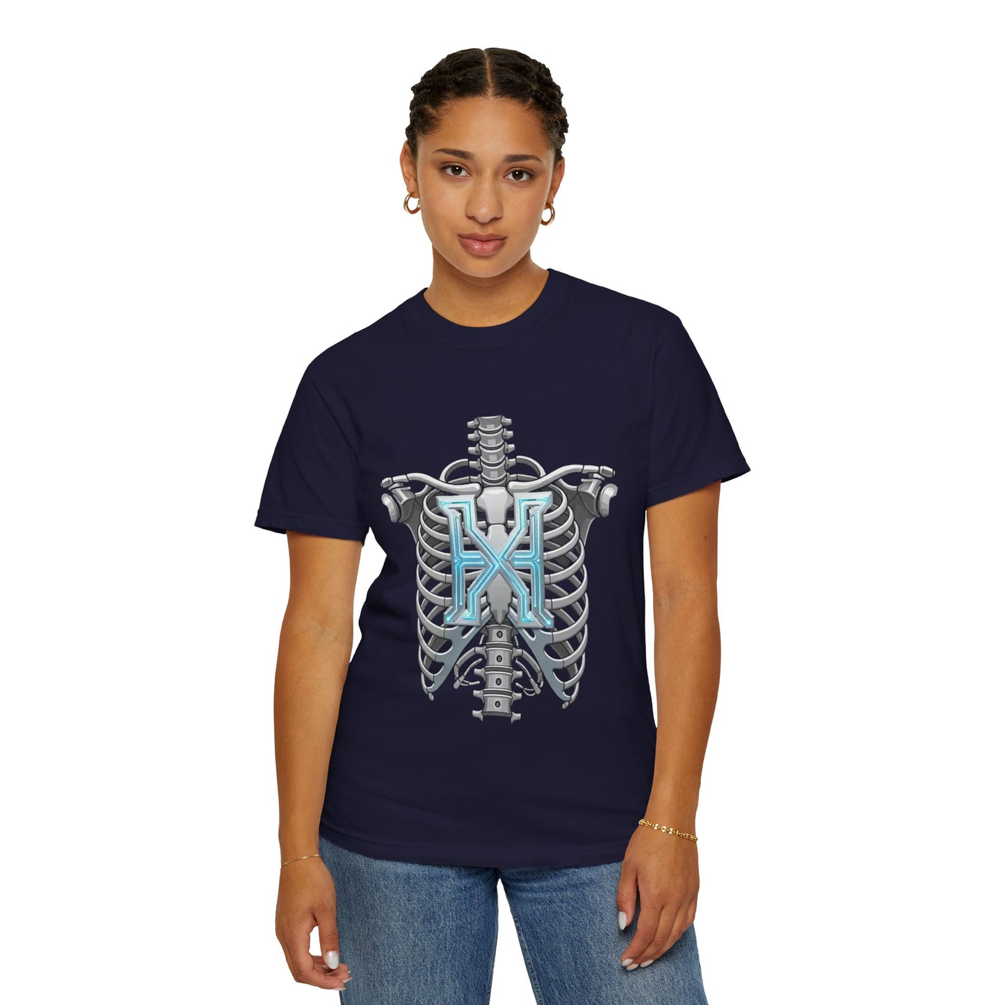 Hypug Xenon Skeleton Ribcage & Robotic X T-Shirt — Futuristic Tech Anatomy Tee