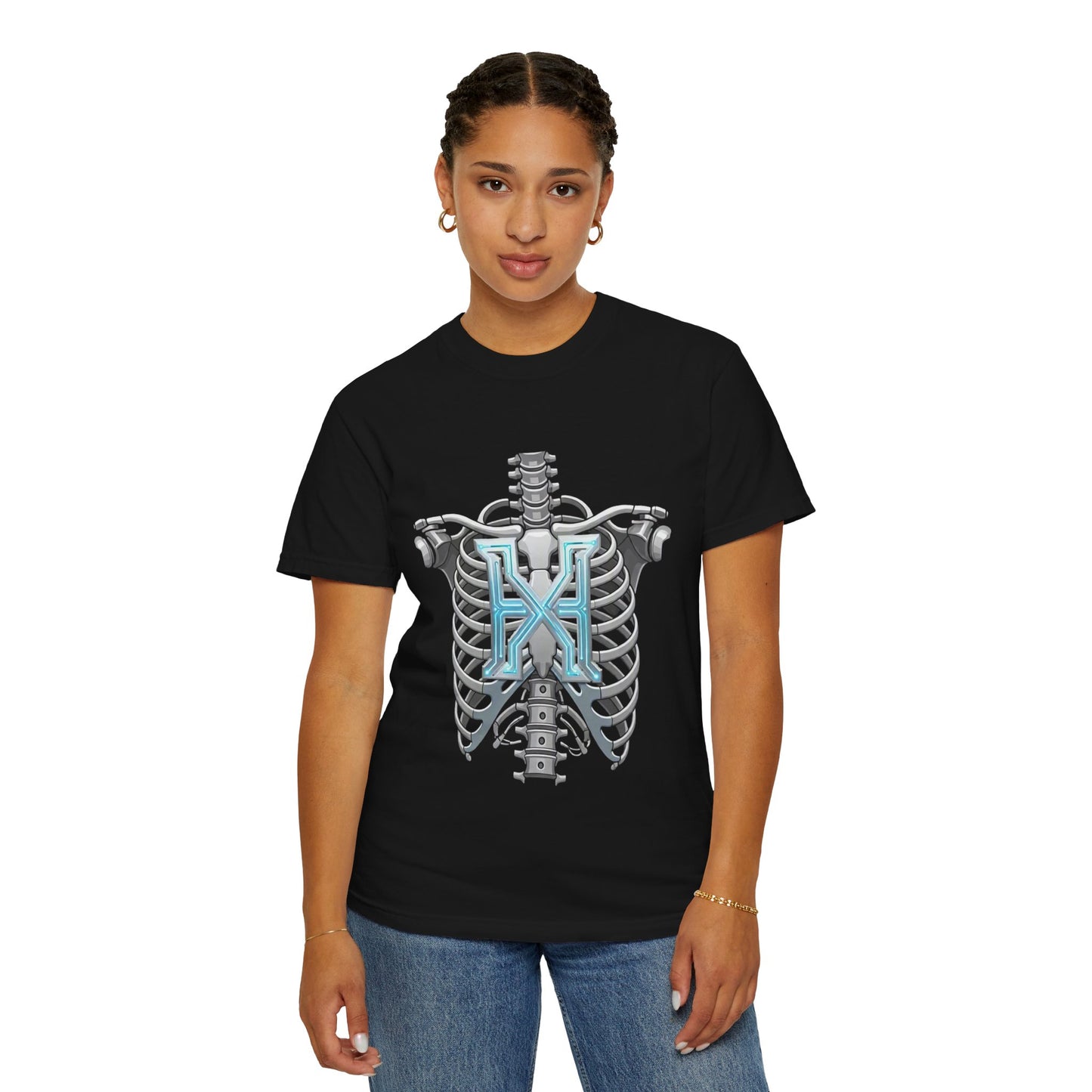Hypug Xenon Skeleton Ribcage & Robotic X T-Shirt — Futuristic Tech Anatomy Tee